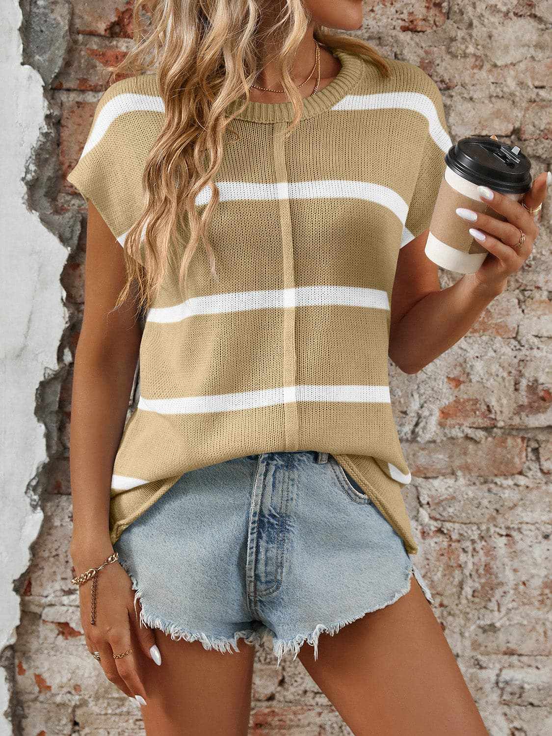 Chic striped knit top - round neck, short sleeves - Love Salve